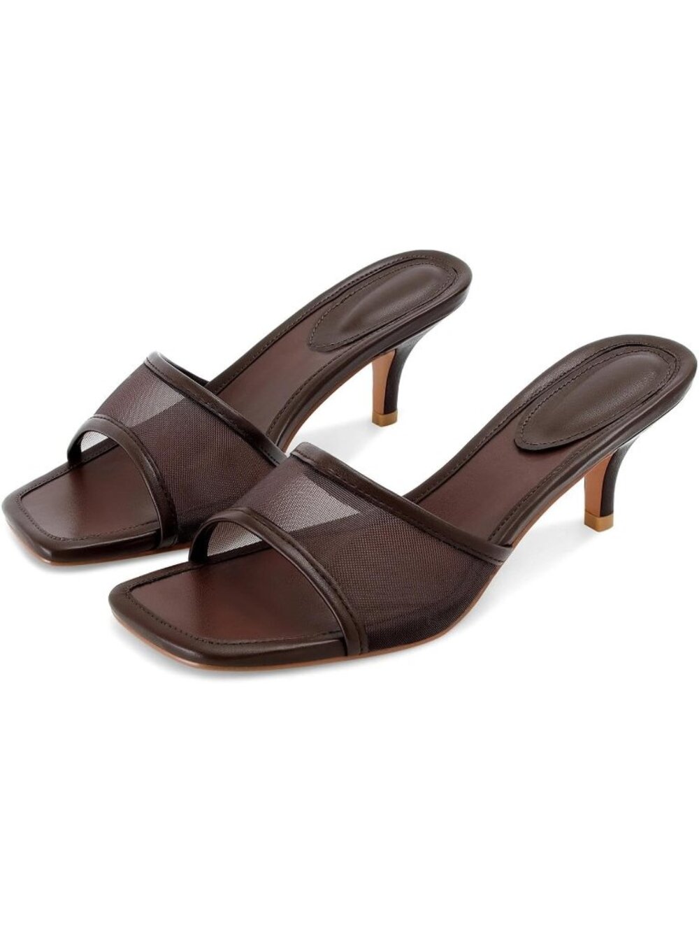 Women's Brown Mesh Square-Toe Buckle Accent Kitten Stiletto Heel Mule Sandal